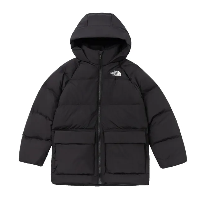 【The North Face 官方旗艦】北面兒童黑色DWR防潑水保暖連帽羽絨外套｜88UWJK3(600蓬鬆度)