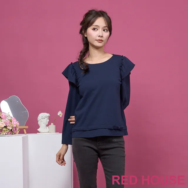 【RED HOUSE 蕾赫斯】荷葉袖拼接素面上衣(共2色)