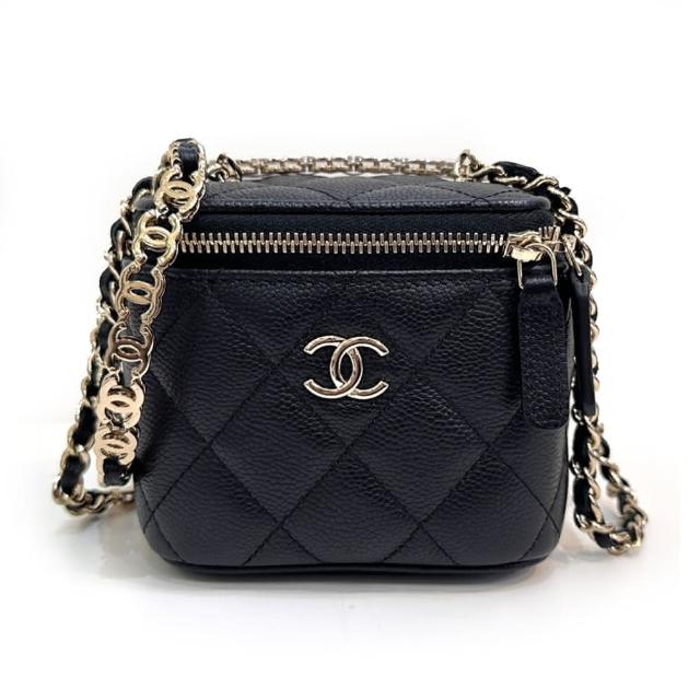 【CHANEL 香奈兒】AP2624 經典菱格紋牛皮MINI金鍊斜背化妝包(黑色)