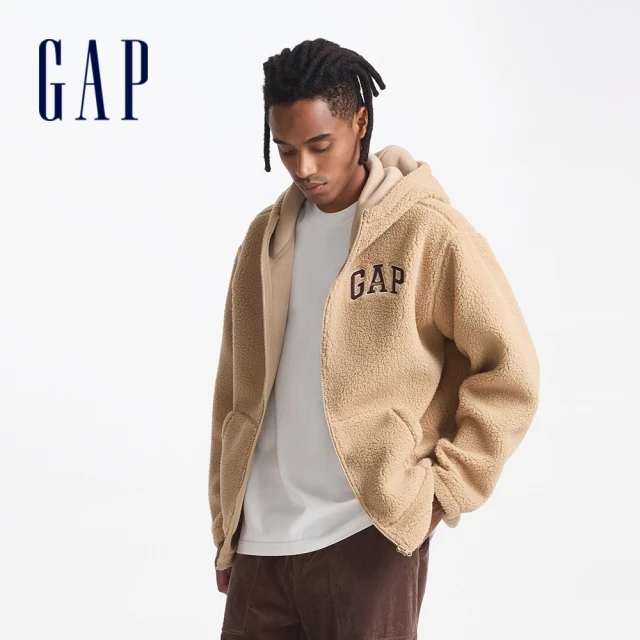 GAP 男女同款 Logo刺繡連帽外套-卡其色(609272)