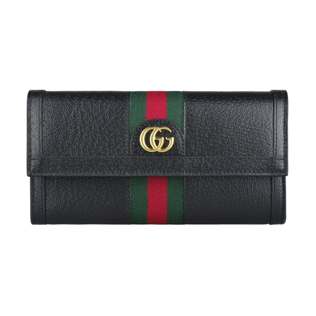 GUCCI 古馳 GUCCI Ophidia雙G LOGO釦式綠紅綠織帶牛皮12卡長夾(黑)