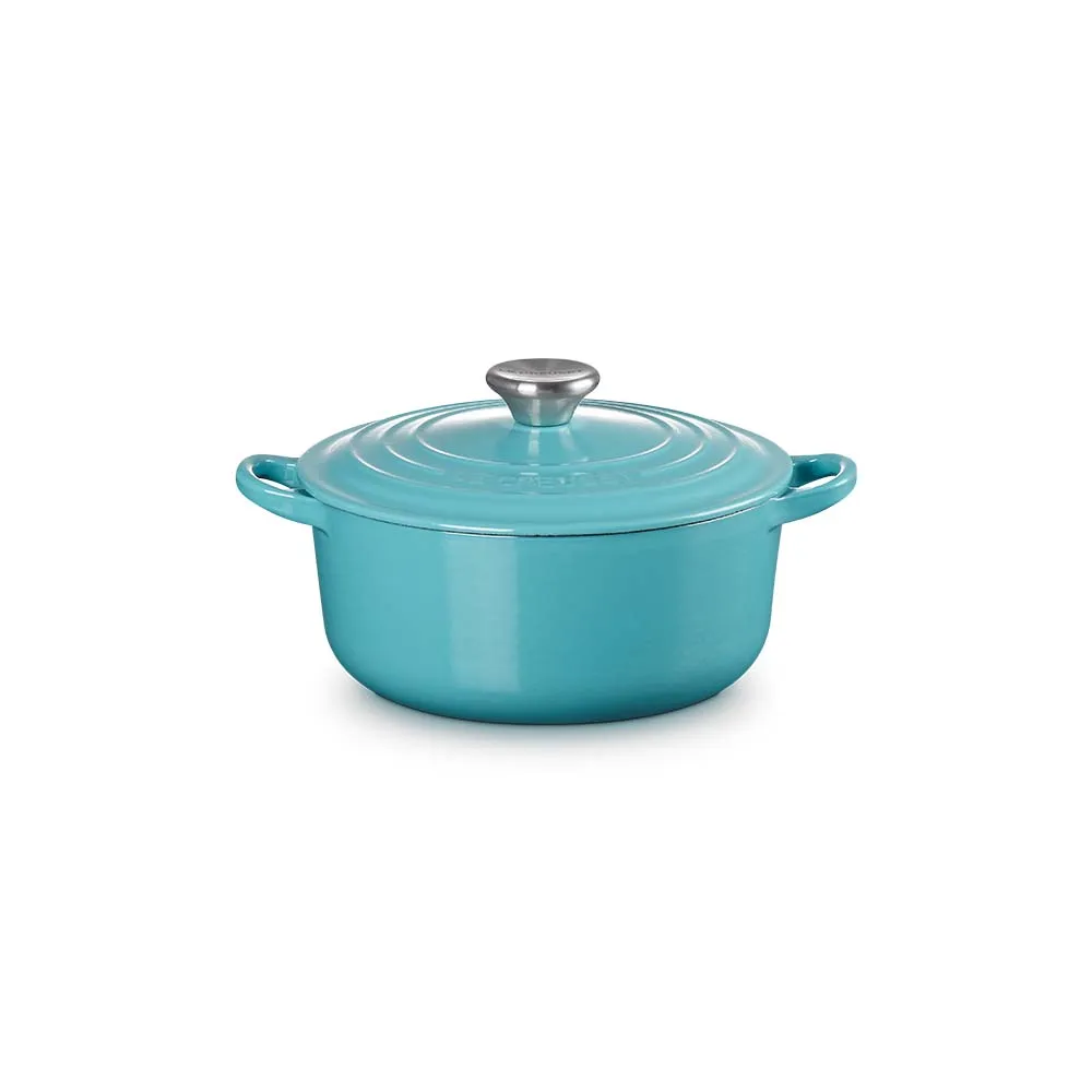 【Le Creuset】琺瑯鑄鐵鍋圓鍋 20cm(土耳其藍-鋼頭-內鍋黑)