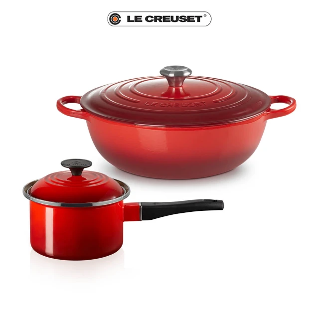 Le Creuset 典藏琺瑯鑄鐵鍋媽咪鍋32cm+琺瑯醬汁鍋14 cm(櫻桃紅)