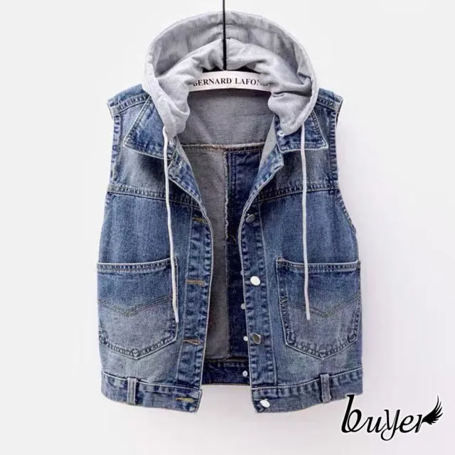 【buyer 白鵝】可拆帽 刷色口袋牛仔背心(藍色)
