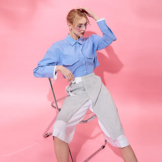 【ICHE 衣哲】Cop.Copine 法式設計款條紋多層次拼接鬆緊造型褲裙