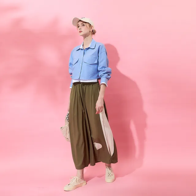 【ICHE 衣哲】Cop.Copine 法式時尚休閒側拼接綁帶鬆緊造型寬褲