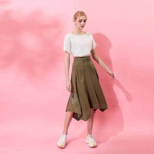 【ICHE 衣哲】Cop.Copine 法式標語印花不對稱不規則裙擺中長裙