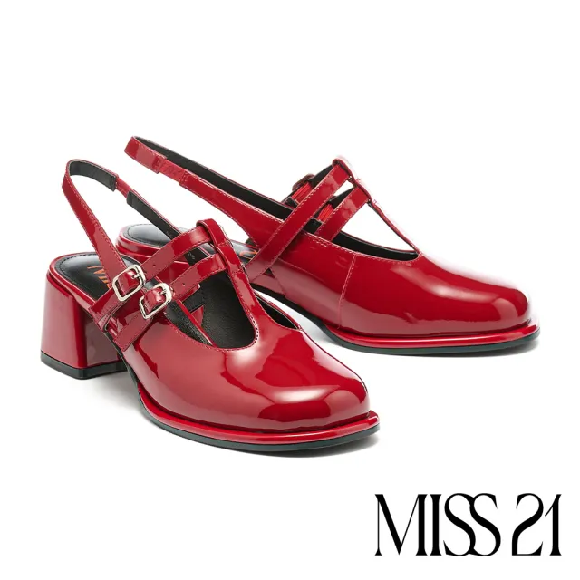 【MISS 21】微甜微酷少女T字簍空雙繫帶牛漆皮瑪莉珍高跟鞋(紅)