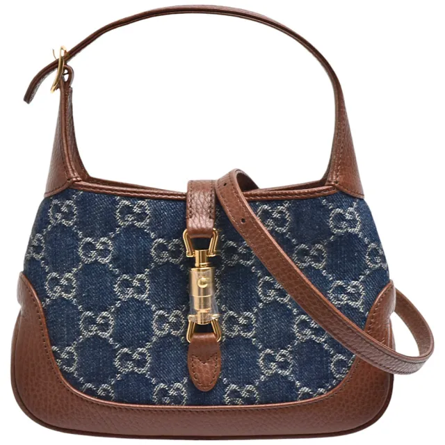 【GUCCI 古馳】經典Jackie 1961 GG牛仔牛皮飾邊手提/斜背包(藍/咖啡色637092-2KQGG-8375)