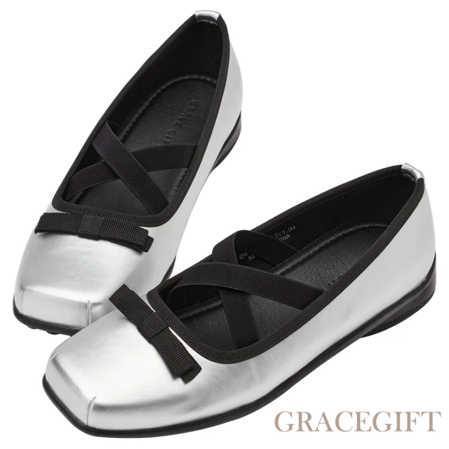 Grace Gift 蝴蝶結交叉細帶芭蕾舞平底娃娃鞋(銀)