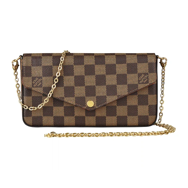 Louis Vuitton 路易威登 LV N63032 POCHETTE FELICIE棋盤格DAMIER EBENE斜背手拿長夾(咖啡X櫻桃紅)