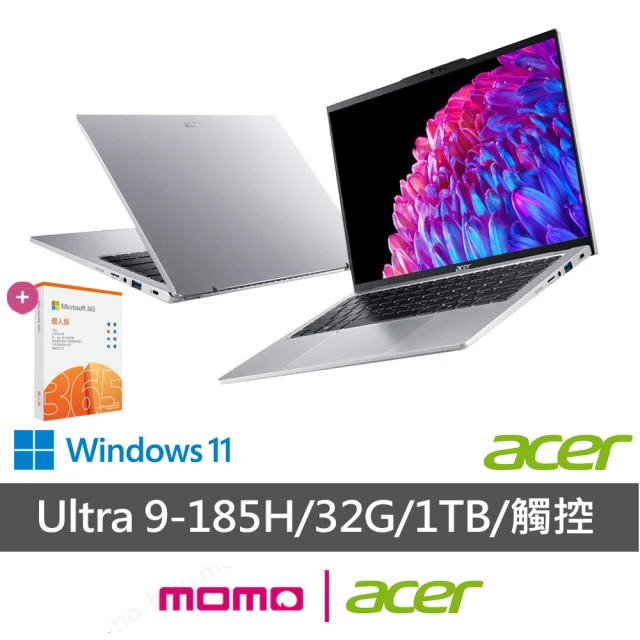 Acer 宏碁 微軟M365組★14吋Ultra9觸控AI筆電(Swift Go/EVO/SFG14-73T-96UZ/Ultra 9-185H/32G/1T/W11)