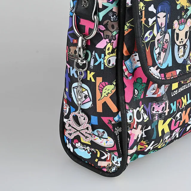 【TOKIDOKI】雙11 TOKIDOKI 黑色LOGO日系卡通圖案尼龍吸釦式斜背包(黑x彩)