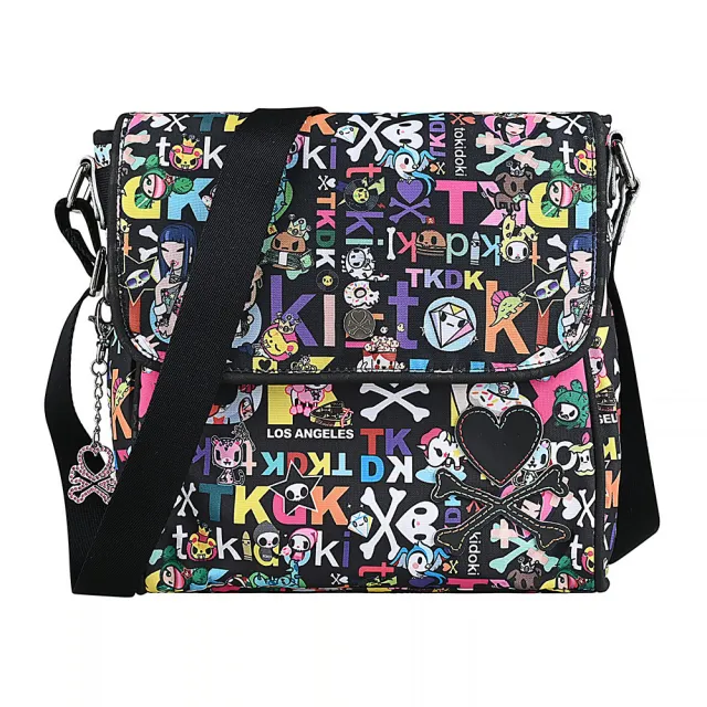 【TOKIDOKI】TOKIDOKI 黑色LOGO日系卡通圖案尼龍吸釦式斜背包(黑x彩)