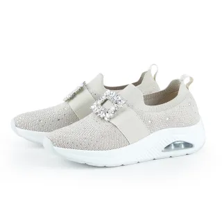 【CHOiCE】華麗方鑽釦飛織布氣墊休閒鞋(米色)