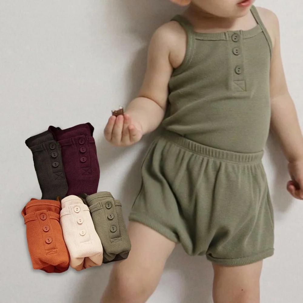 【橘魔法】純色華夫格居家服套裝(背心 內搭衣 短褲 褲子 中性款 中童 男童 女童 兒童 童裝)