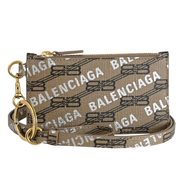 Balenciaga 巴黎世家 品牌滿版雙B LOGO斜背頸掛牛皮信用卡證件零錢包(咖)