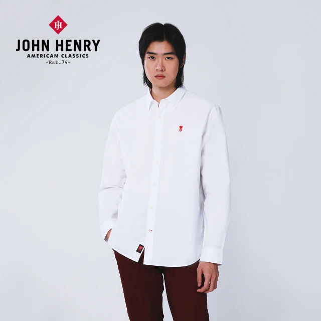 JOHN HENRY 愛心logo純棉長袖襯衫-白色