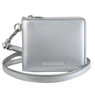 【Balenciaga 巴黎世家】簡約烙印LOGO小牛皮頸掛斜背式拉鍊零錢短夾(銀)