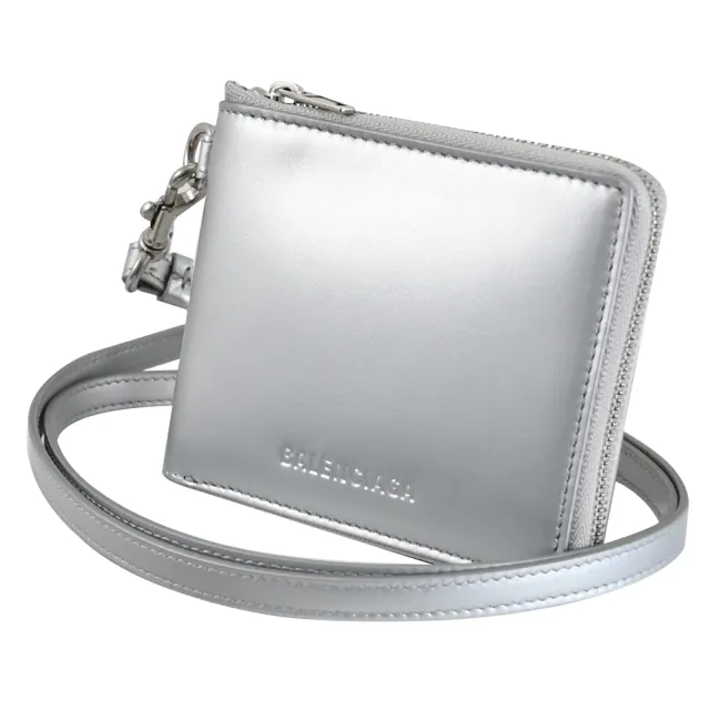 【Balenciaga 巴黎世家】簡約烙印LOGO小牛皮頸掛斜背式拉鍊零錢短夾(銀)