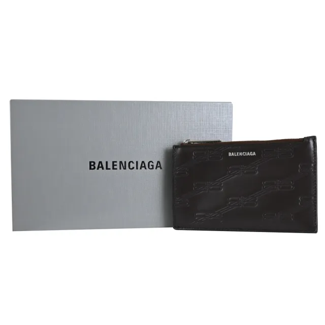 【Balenciaga 巴黎世家】經典品牌雙B LOGO牛皮壓紋信用卡零錢包(深咖)