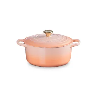 【Le Creuset】典藏琺瑯鑄鐵鍋圓鍋 22cm(蜜桃橙-淡金頭-內鍋白)