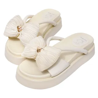 【Ann’S】Ann’S X Sanrio三麗鷗 HELLO KITTY 聯名 愛心金屬澎澎大蝴蝶結厚底涼拖鞋5cm(米白)