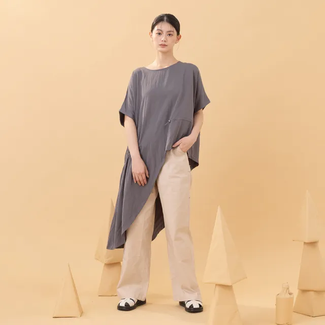 【MOSS CLUB】細褶不規則衣襬設計款短袖寬鬆上衣(黑 白 灰)