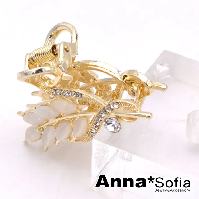 【AnnaSofia】髮夾小髮抓髮飾邊夾-貓眼閃光葉鑽 現貨(香檳金系)