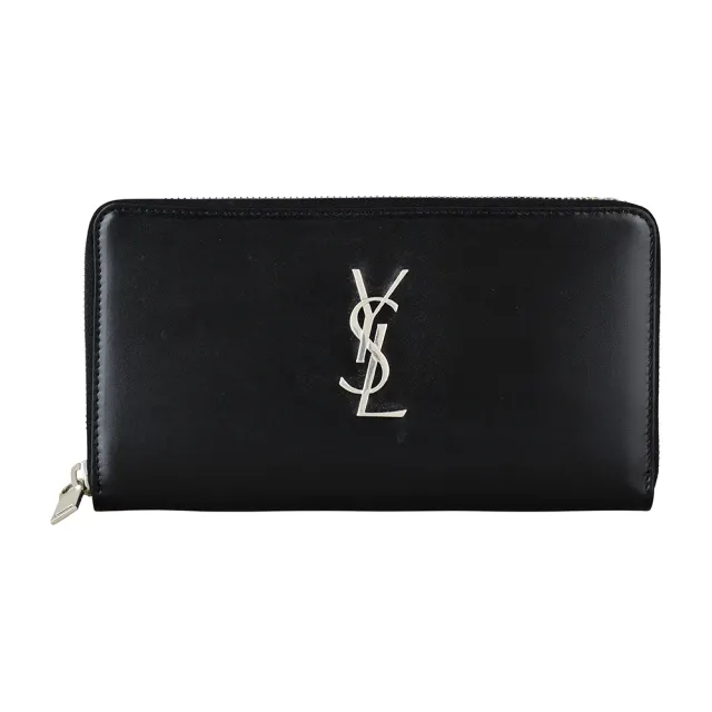 【YSL】YSL Classic經典銀字LOGO光滑小牛皮拉鍊長夾(黑)