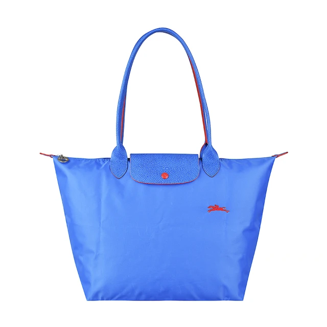 LONGCHAMP LONGCHAMP COLLECTION刺繡LOGO尼龍摺疊款長把拉鍊肩背包(大/藍紫x紅)