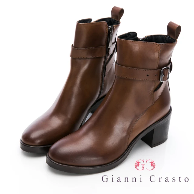 GEORGE 喬治皮鞋 義大利Gianni Crasto 真皮釦環中跟短靴-棕 432015KP24