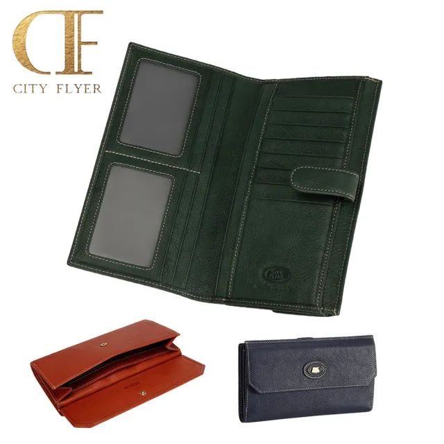 【CITY FLYER】城市旅者義大利軟植鞣皮翻蓋舌片長夾錢包皮夾(綠/藍/橘)