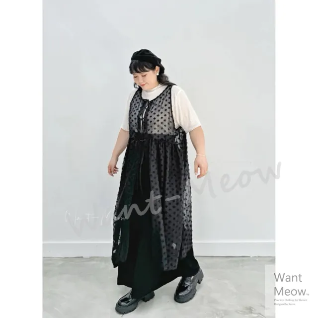 【Want-Meow】100公斤可獨家設計款日系寬肩帶綁帶罩衫長版背心雪紡透膚背心(大碼/大尺碼/加大碼/長版背心)