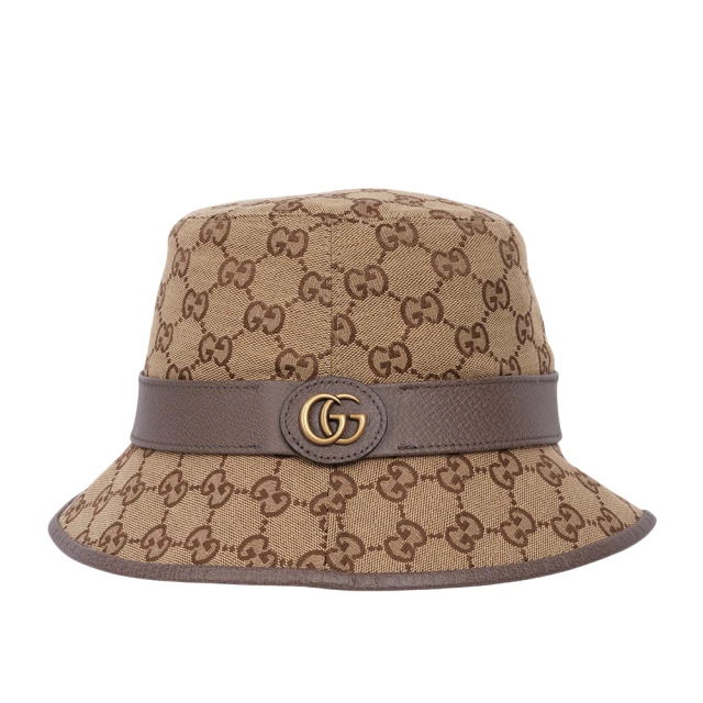 GUCCI 古馳 GG Logo 帆布及牛皮復古漁夫帽_L(米色/棕色)