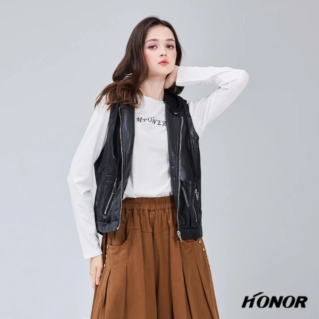 HONOR 山形屋 皮革拼接連帽背心式外套-黑/米白