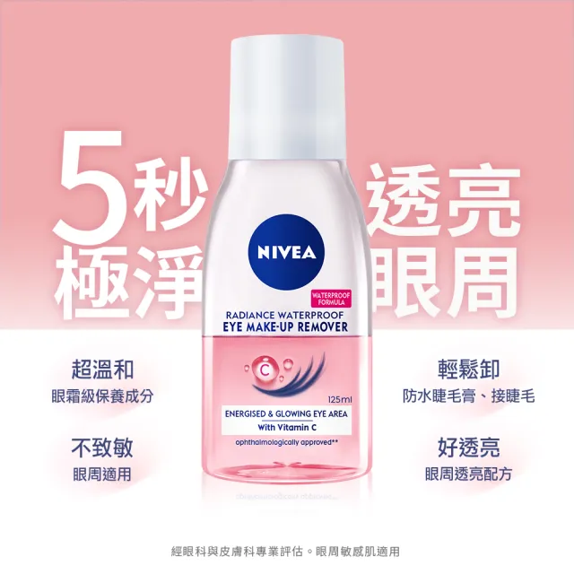 【NIVEA 妮維雅】極淨深層/透亮眼部卸妝液125mlx4入(5秒潔淨藍眼卸/粉眼卸 敏感肌適用)