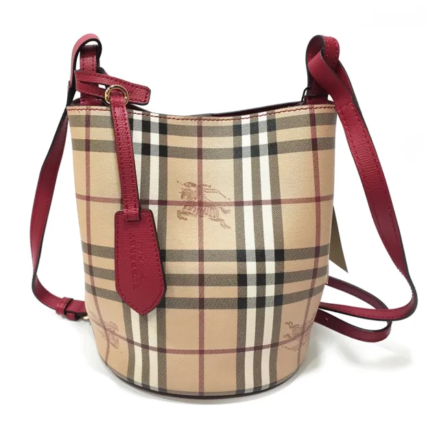 【BURBERRY 巴寶莉】40571571 經典格紋Haymarket PVC皮革飾邊水桶款肩背/斜背包(紅色)（其他規格）