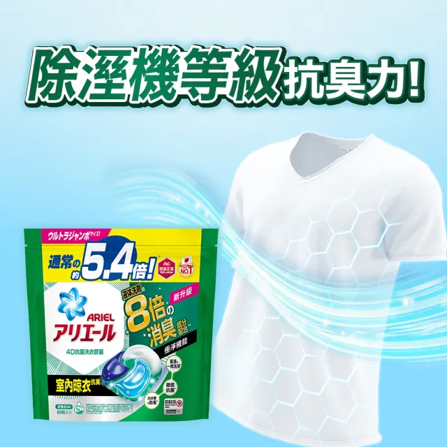 【ARIEL】極淨進化 4D抗菌洗衣膠囊/洗衣球 60顆袋裝X2 日本進口 8倍抗臭(抗菌去漬/室內晾衣)