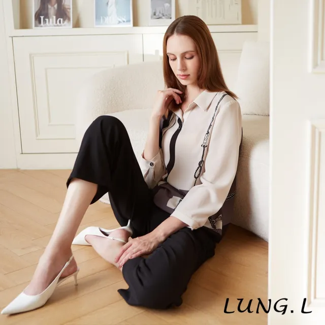 【LUNG.L 林佳樺】LQ35A 卡其色鎖鏈印花九分袖女裝上衣(秋冬新品 加大尺碼)