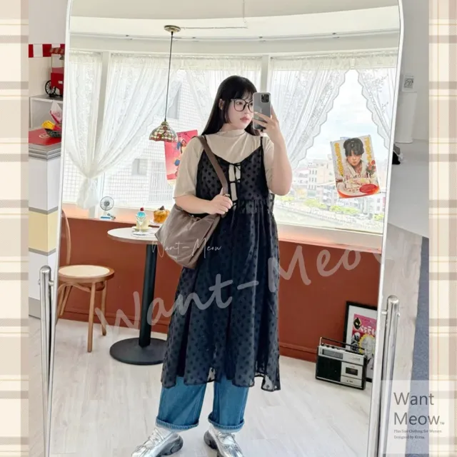 【Want-Meow】100公斤可穿/日系長版可調肩帶綁帶蕾絲透膚長版背心罩衫(大碼/大尺碼/加大碼/長版背心)