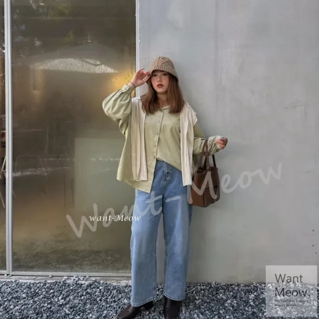 【Want-Meow】100公斤可穿/長袖大版馬卡龍色襯衫中大尺碼上衣/大尺碼襯衫(大碼/大尺碼/加大碼)