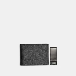 【COACH】蔻馳官方直營 經典Logo帆布四方型纖巧型折疊皮夾和錢夾套裝-炭黑色/黑色(CE441)
