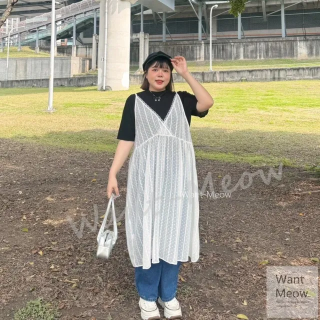 【Want-Meow】100公斤可穿/日系吊帶長版蕾絲長版背心/中大尺碼背心/大尺碼背心/罩衫(大碼/大尺碼/加大碼)