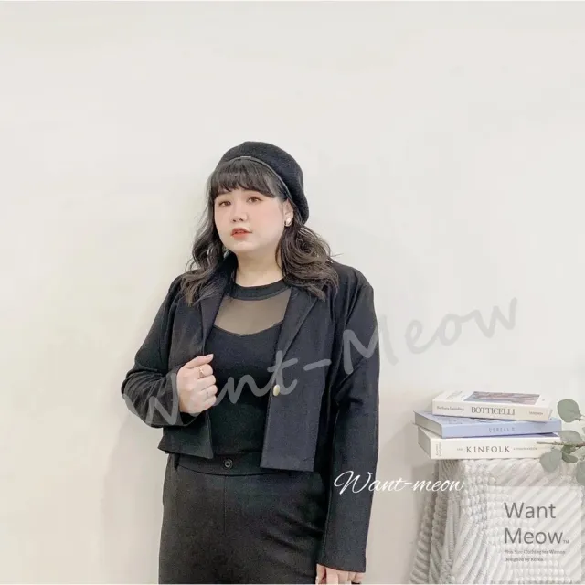 【Want-Meow】90公斤可穿 修身短版金釦西裝外套 中大尺碼 大碼 大尺碼西裝外套(大碼/大尺碼/加大碼)