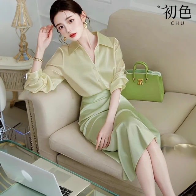 初色 圓領長袖毛衣衫上衣女上衣+純色包臀針織半身裙長裙套裝-