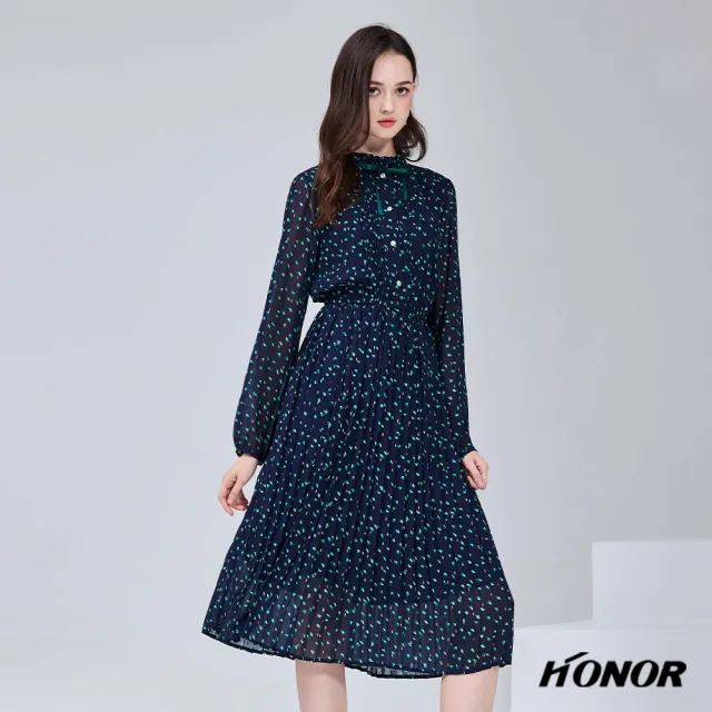 【HONOR 山形屋】出清品 蝴蝶結碎花百摺洋裝-藍(限定出清)