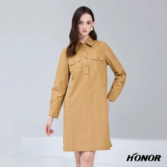 【HONOR 山形屋】出清品 知性口袋排釦襯衫洋裝-卡其(限定出清)