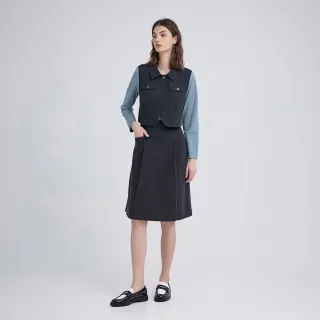 【ILEY 伊蕾】毛呢拼接小背心假三件連身洋裝(鐵灰；M-XL；1244317009)