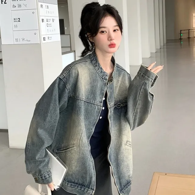 【米蘭精品】現貨+預購 美式牛仔外套丹寧夾克經典牛仔襯衫(美式水洗復古做舊立領女外套74ii53)